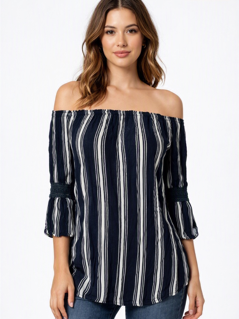 Speed Control Womens Off The Shoulder Bell Sleeve Blouse in Navy/White SzS